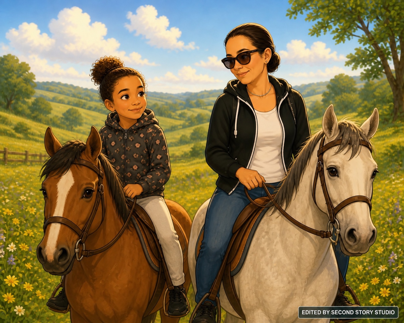Studio-developed illustrated countryside story showing a mother and daughter riding horses together
