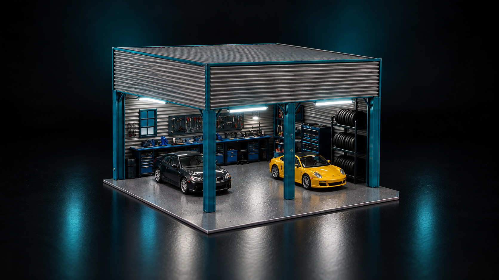 Illustrative Developed level with two cars and a coordinated miniature workshop