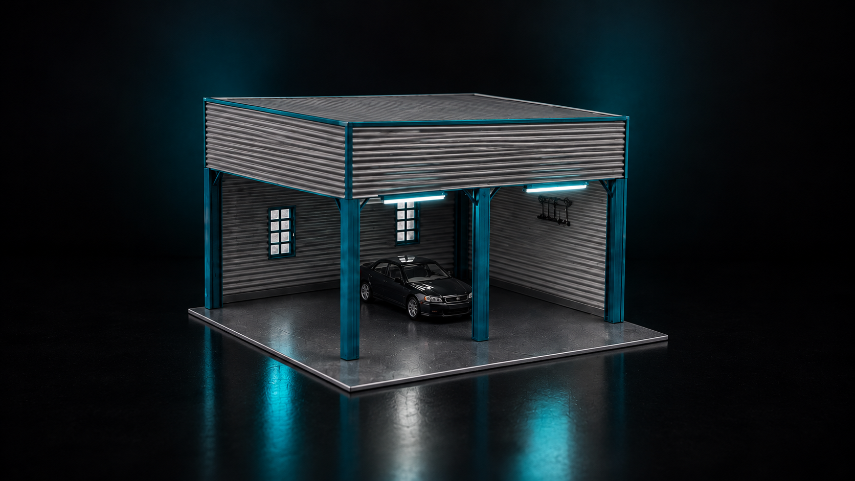 Illustrative Essential level with one car in a restrained two-bay miniature garage