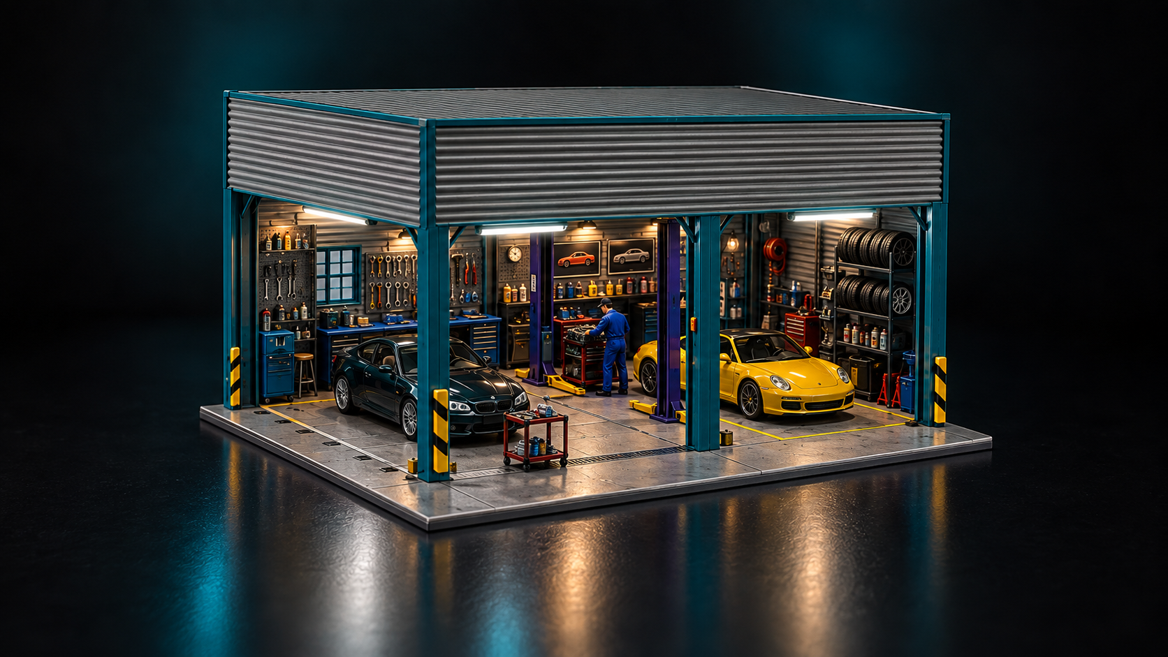 Illustrative Showcase level with layered workshop equipment, figures and scene detail