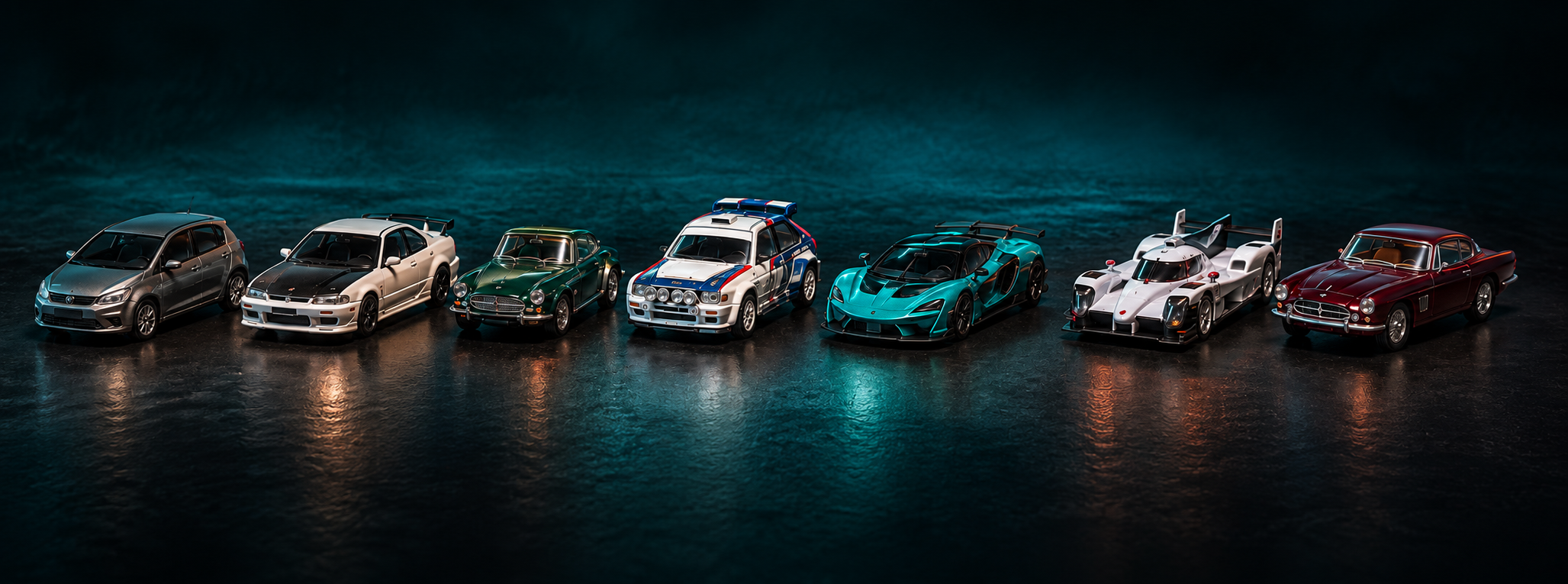 Seven illustrative 1:64 model cars arranged from everyday to exceptional collector examples
