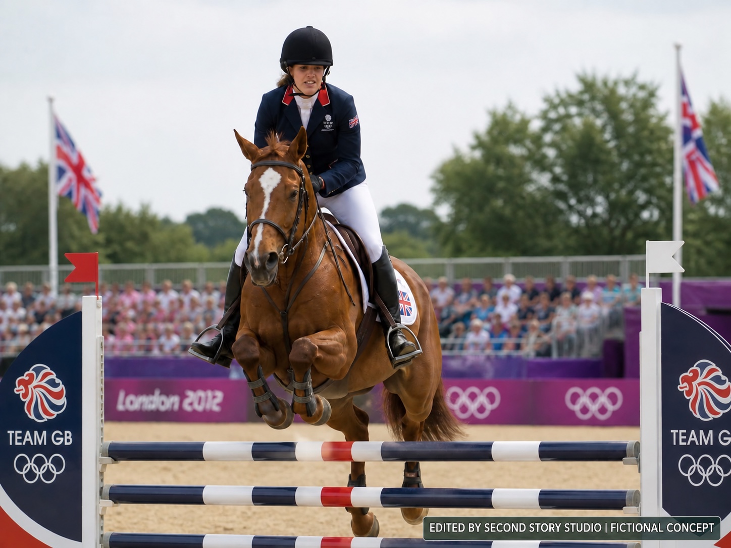 Studio-developed fictional sporting-event concept showing a rider and horse at an event setting