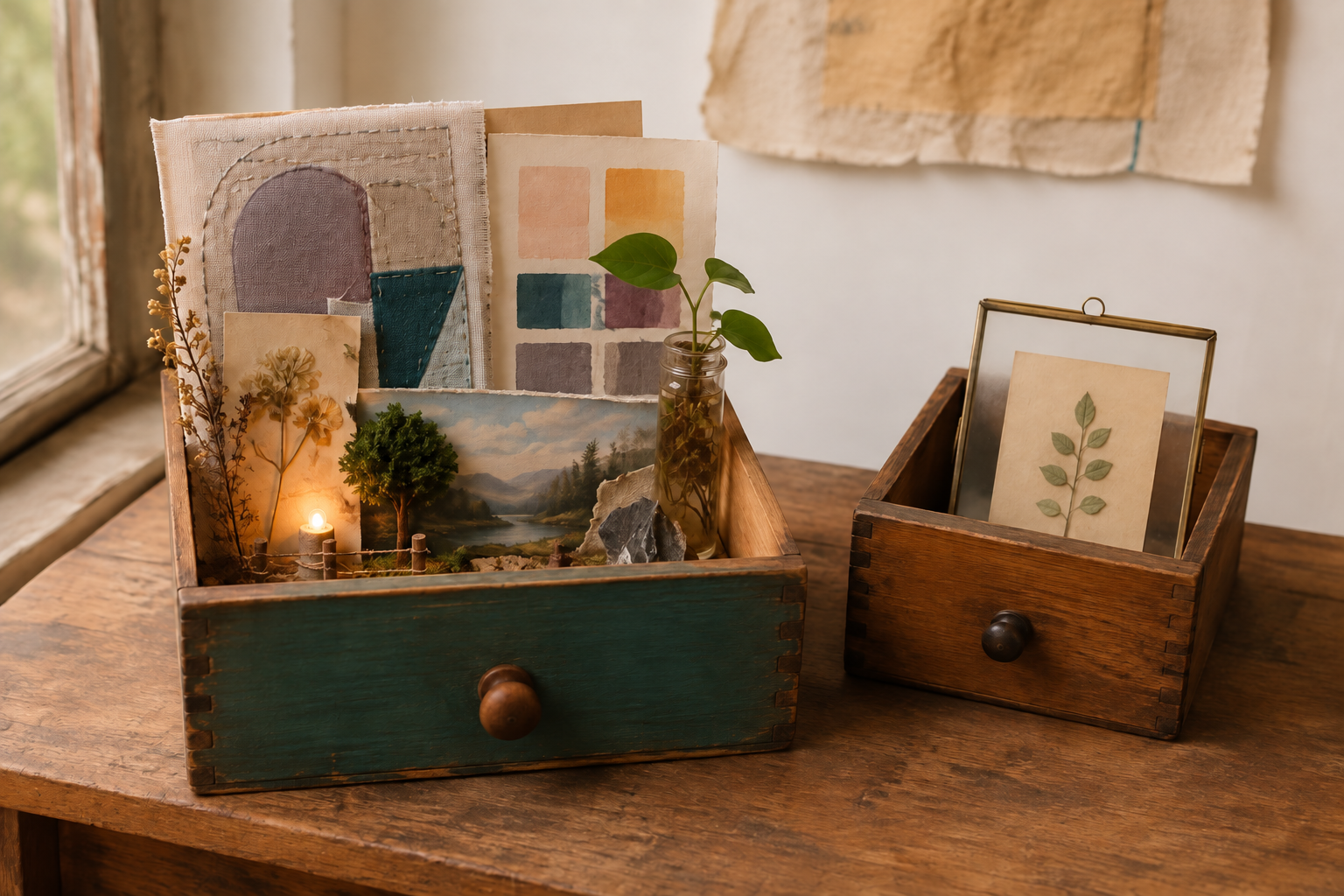 A Second Story Studio image combining a reclaimed drawer, textile, botanical detail, miniature scenery and a small light