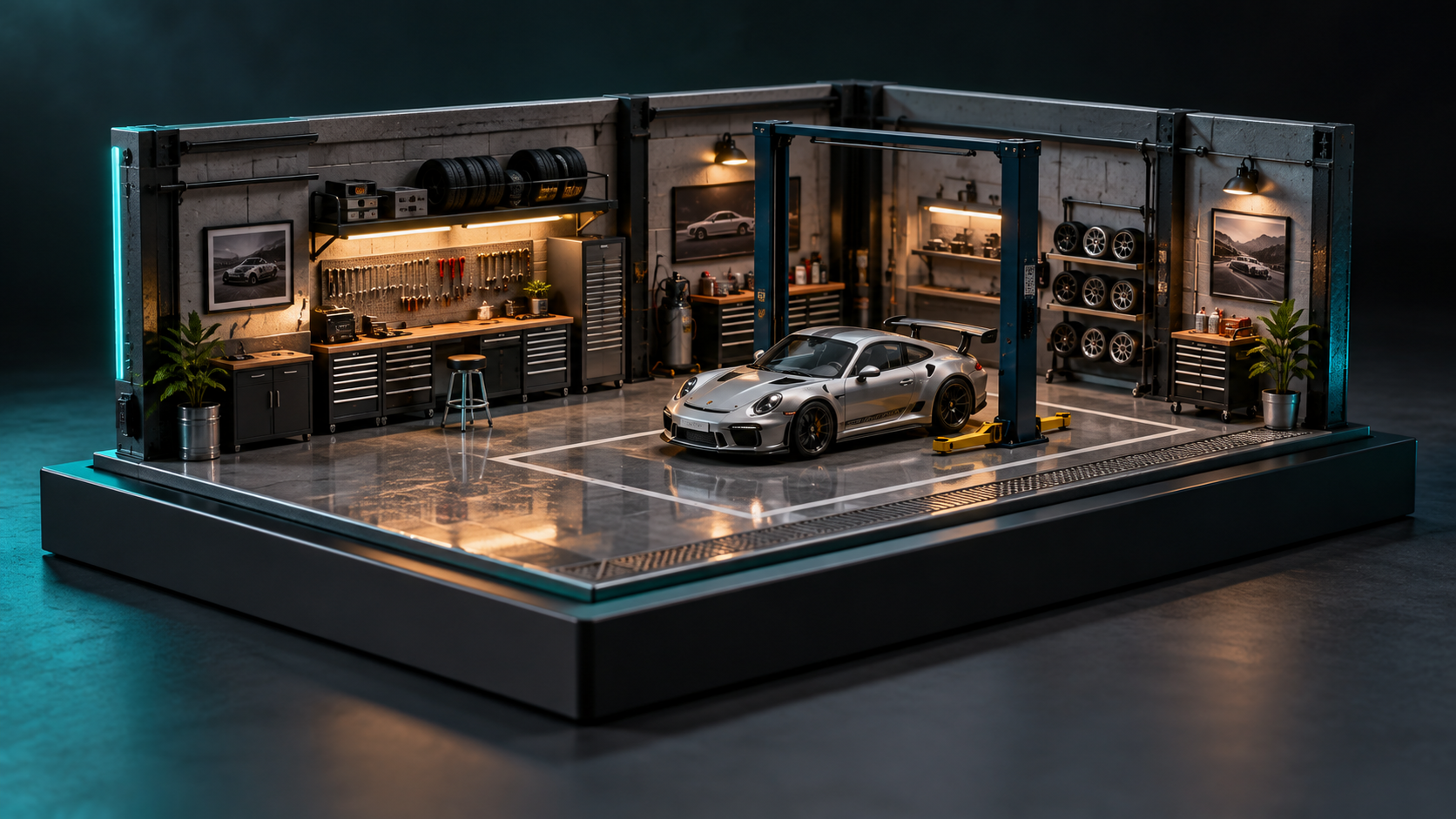A completed 1:64 automotive miniature world with a detailed modern workshop built around one model car