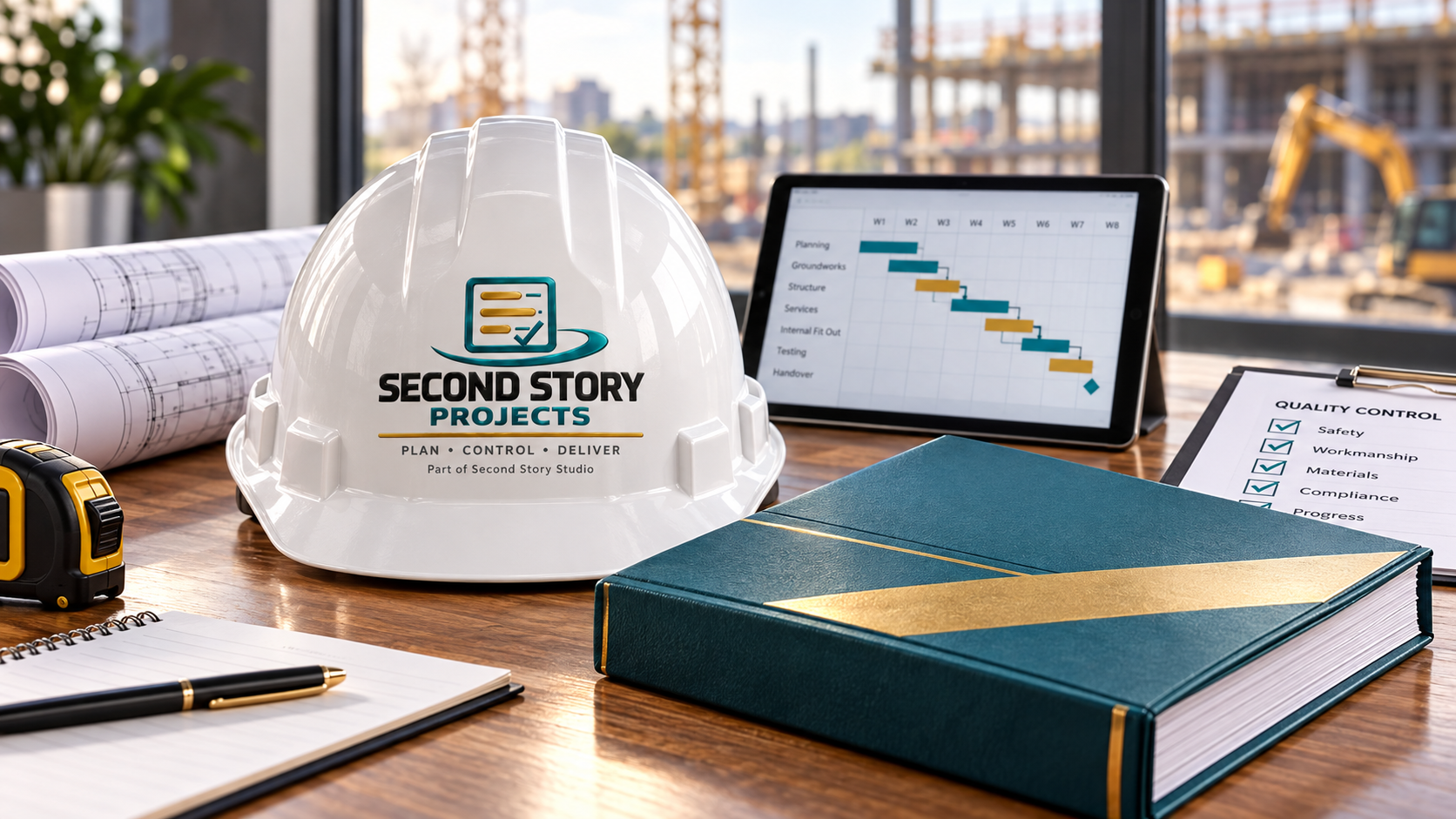 A project-control desk with a programme, drawings and a front-facing Second Story Projects hard hat