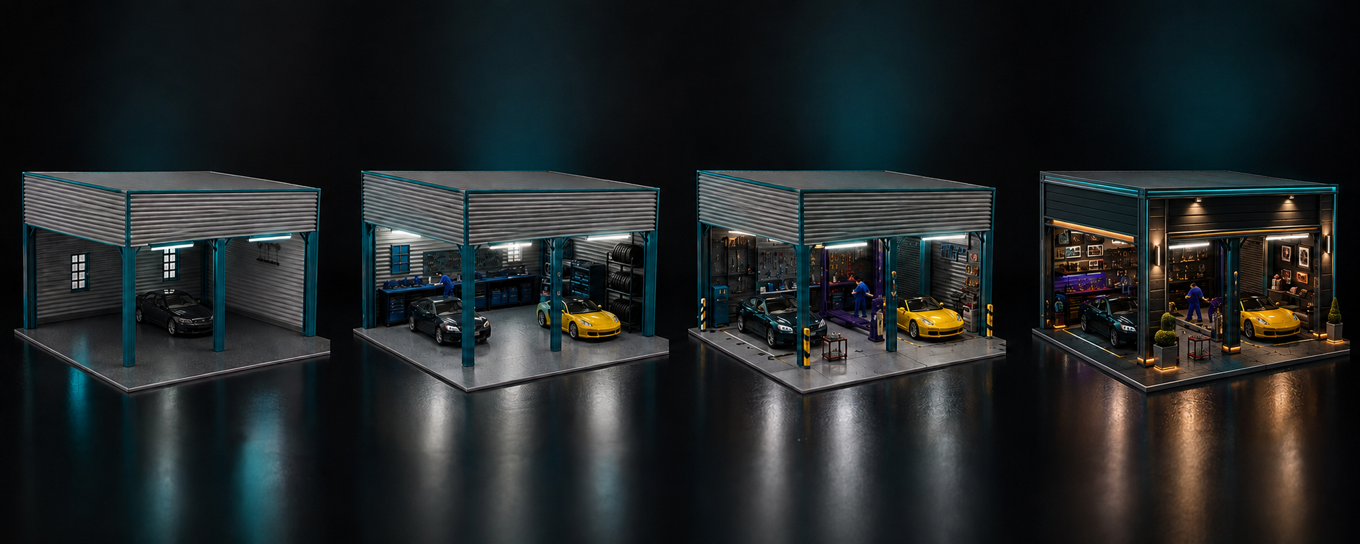 Approved Second Story Studio Automotive design visual showing the same catalogued garage base developed through four levels