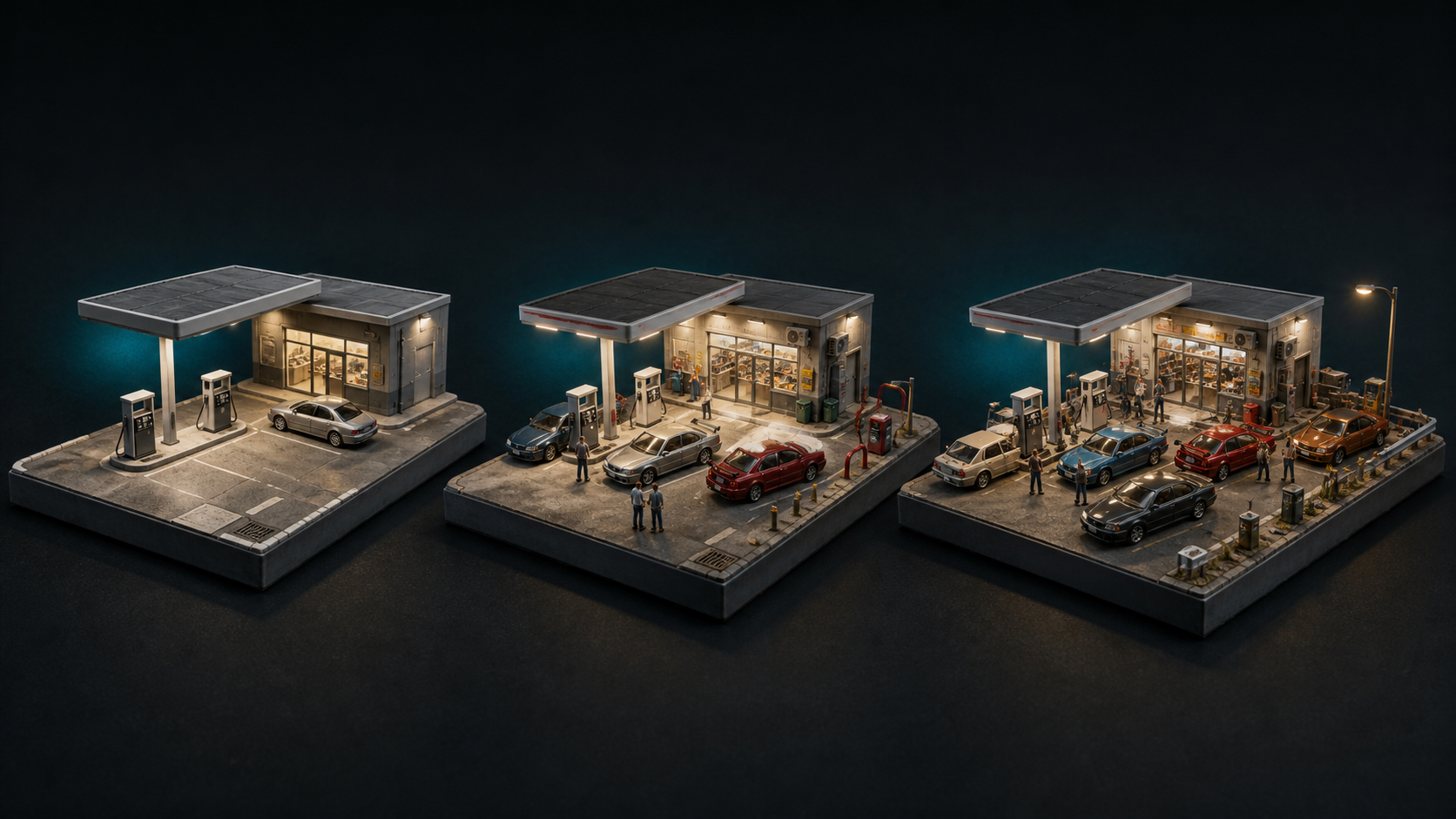 Illustrative Miniature Automotive Worlds story direction for Fuel, coffee & roadside